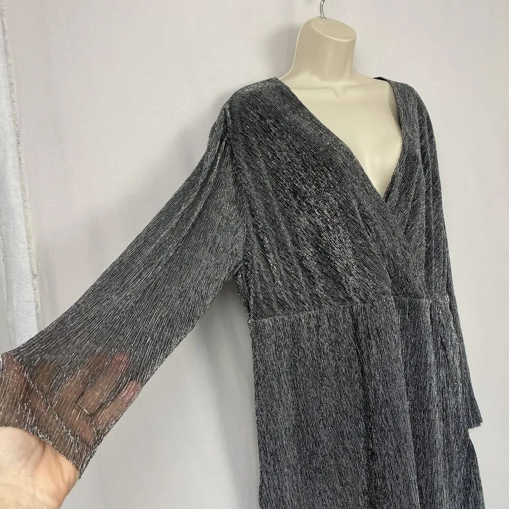 Serra Dress Womens XXL Metallic Silver Pleated Faux Wrap New Years Party Glam - Picture 4 of 15
